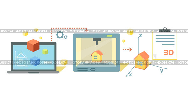 3D printer technology icon flat design. Future manufacturing, innovation prototype machine, product print on computer, process tech printing model, smart engineering illustration. 3d printer. Стоковая иллюстрация, агентство Ingram Publishing / Фотобанк Лори