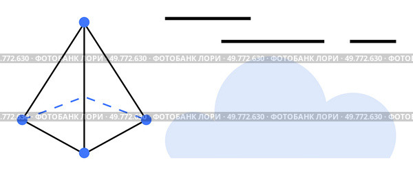 3D pyramid with blue nodes next to a light blue cloud and black lines. Ideal for educational, technology, weather, design, minimalist art, and abstract themes. Simplistic clean style. Geometric Shapes and Cloud with Small Lines in Simple Minimalist Design. Стоковая иллюстрация, агентство Ingram Publishing / Фотобанк Лори