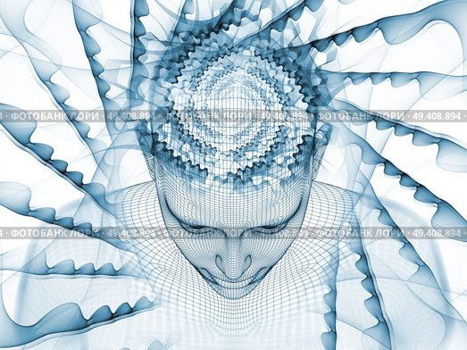 3D Rendering - Mind Field series. Arrangement of head of wire mesh human model and fractal patters on the subject of artificial intelligence, science and technology. Стоковое фото, агентство Ingram Publishing / Фотобанк Лори
