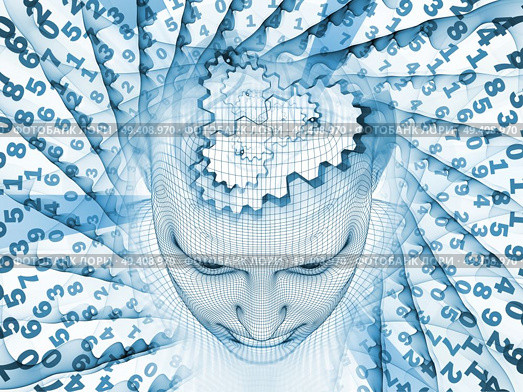 3D Rendering - Mind Field series. Visually attractive backdrop made of head of wire mesh human model and fractal patters suitable in layouts on artificial intelligence, science and technology. Стоковое фото, агентство Ingram Publishing / Фотобанк Лори