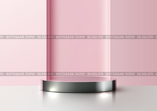 3D silver cylindrical platform on a soft pink gradient background, perfect for luxury product displays, modern mockups, or high end branding concepts. advertising, presentations. Стоковая иллюстрация, агентство Ingram Publishing / Фотобанк Лори