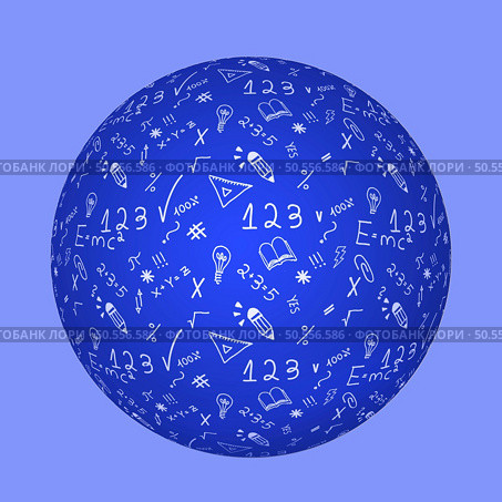 3D Vector Sphere with Graph Paper Texture and Mathematical Symbols - Math Cheat Slip. Formula Symbol for Education, Science and School Design. Стоковое фото, агентство Ingram Publishing / Фотобанк Лори