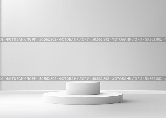 3D white podium stair with a light shines on it, against a white wall background, Minimal style, product display, mockup, showroom, showcase. Стоковая иллюстрация, агентство Ingram Publishing / Фотобанк Лори