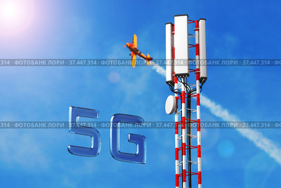 5d network development concept. Closeup aerial view around of the telecommunication tower. Communication modern radio network concept. 3d render. Стоковая иллюстрация, иллюстратор Alexander / Фотобанк Лори