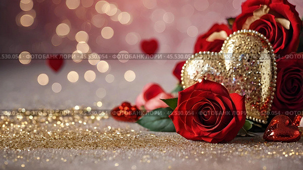A banner for Valentine's Day. A red heart and roses with festive lights in the form of a side in the background. A mock-up of an invitation card for a Valentine's Day party, a place to copy. Стоковое AI-изображение, AI-художник Photojuli / Фотобанк Лори