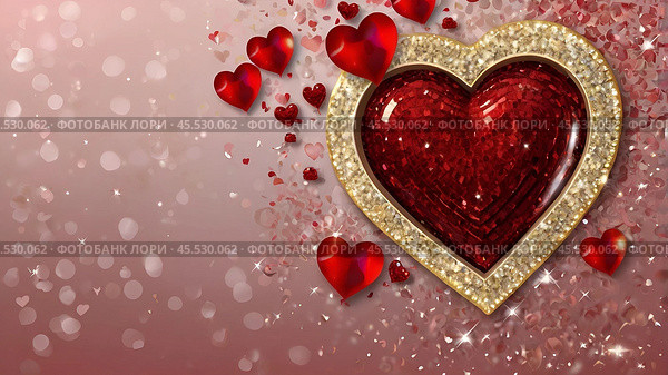 A banner for Valentine's Day. A red heart and roses with festive lights in the form of a side in the background. A mock-up of an invitation card for a Valentine's Day party, a place to copy. Стоковое AI-изображение, AI-художник Photojuli / Фотобанк Лори