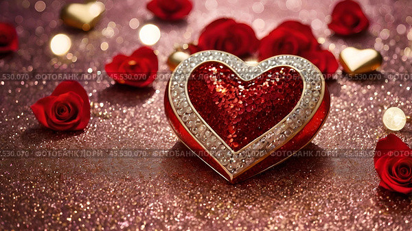 A banner for Valentine's Day. A red heart and roses with festive lights in the form of a side in the background. A mock-up of an invitation card for a Valentine's Day party, a place to copy. Стоковое AI-изображение, AI-художник Photojuli / Фотобанк Лори
