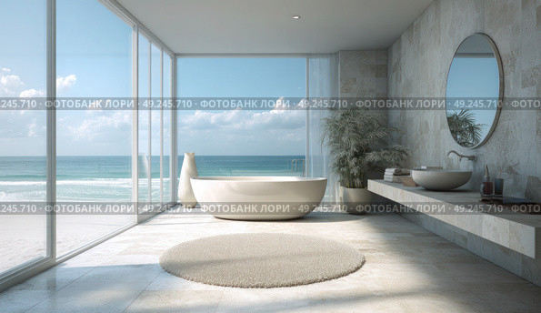 A bathroom with a large bathtub and a mirror. Стоковое AI-изображение, AI-художник Ярославский Максим / Фотобанк Лори
