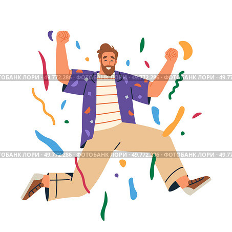 A bearded man is jumping for joy, fists raised, with colorful confetti around him. Clad in a casual outfit featuring a patterned shirt and beige pants. Ideal for festive events, celebrations. Joyful Man Jumping in Celebration with Colorful Confetti. Стоковая иллюстрация, агентство Ingram Publishing / Фотобанк Лори
