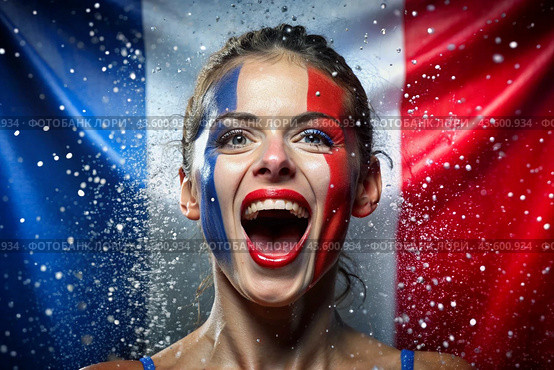 A beautiful athlete or cheerleader from France with joyful shouts after winning the competition at the Olympic Games against the background of the French flag. Стоковое AI-изображение, AI-художник Photojuli / Фотобанк Лори