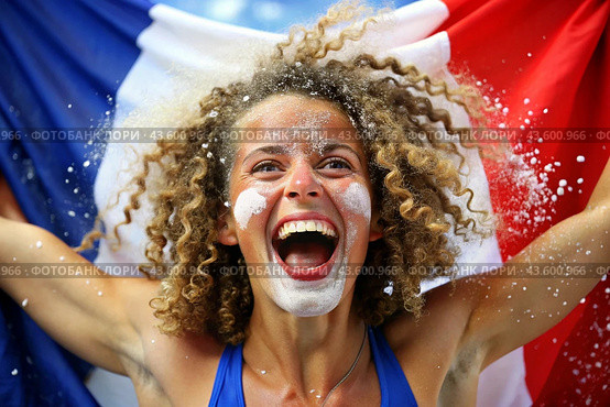 A beautiful athlete or cheerleader from France with joyful shouts after winning the competition at the Olympic Games against the background of the French flag. Стоковое AI-изображение, AI-художник Photojuli / Фотобанк Лори