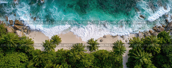 A beautiful beach with palm trees and a clear blue ocean. Стоковое AI-изображение, AI-художник Ярославский Максим / Фотобанк Лори