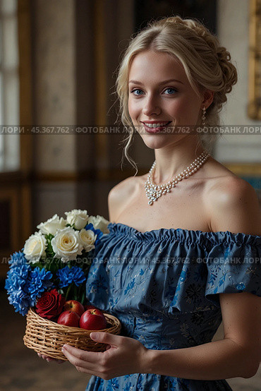 A beautiful blonde girl in a 19th century dress in an old palace. Стоковое AI-изображение, AI-художник Александр Поташев / Фотобанк Лори