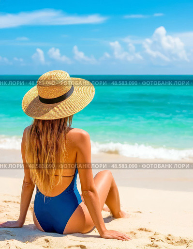 A beautiful girl in a swimsuit and a wide-brimmed straw hat on the beach on a sunny day looks at the surf. Стоковое AI-изображение, AI-художник Сергей Елизарьев / Фотобанк Лори