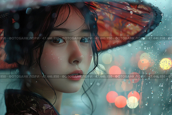 A beautiful girl in a traditional Asian dress under an umbrella, standing by a window covered with raindrops. The atmosphere is gentle and melancholic. The girl looks straight into the camera, her face is illuminated by a soft light, and in the background are blurred city lights (bokeh), creating an effect of coziness and dreaminess. Her gaze is deep and thoughtful, her hair is slightly damp, and drops of water on the glass add emotional depth. The composition is permeated with a feeling of a rainy evening and quiet loneliness. Стоковое AI-изображение, AI-художник Анна Кривицкая / Фотобанк Лори