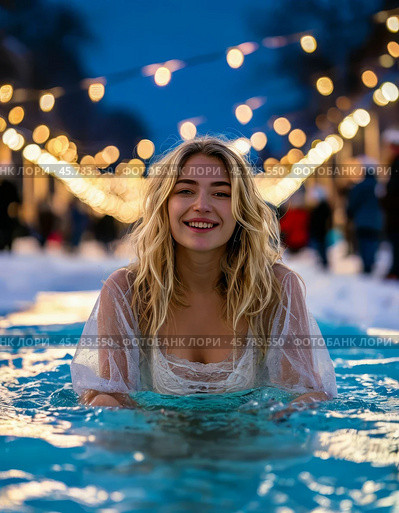 A beautiful girl takes a dip in an ice hole. Epiphany bathing is a tradition associated with the feast of the Epiphany of the Lord, which the Orthodox world celebrates on January 19. Стоковое AI-изображение, AI-художник Сергей Елизарьев / Фотобанк Лори