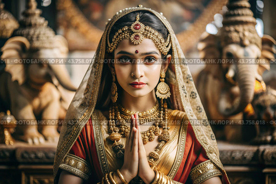 A beautiful Indian girl in a traditional Indian national costume, sari. Against the background of elephants. The portrait symbolizes the traditions, culture and beauty of the people of India. Стоковое AI-изображение, AI-художник Photojuli / Фотобанк Лори