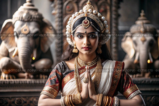 A beautiful Indian girl in a traditional Indian national costume, sari. Against the background of elephants. The portrait symbolizes the traditions, culture and beauty of the people of India. Стоковое AI-изображение, AI-художник Photojuli / Фотобанк Лори