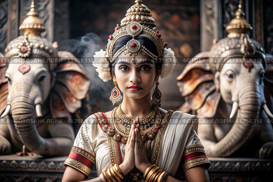 A beautiful Indian girl in a traditional Indian national costume, sari. Against the background of elephants. The portrait symbolizes the traditions, culture and beauty of the people of India. Стоковое AI-изображение, AI-художник Photojuli / Фотобанк Лори