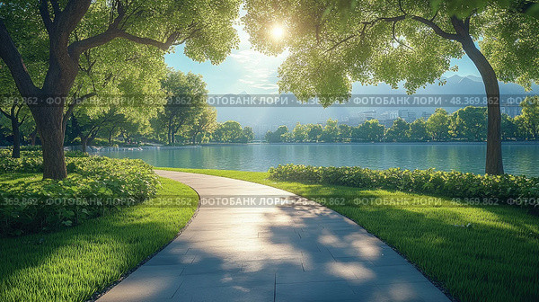 A beautiful pathway meanders alongside a calm lake, framed by vibrant trees and gentle sunlight, inviting peaceful moments in nature. Стоковое AI-изображение, AI-художник Данила Большаков / Фотобанк Лори