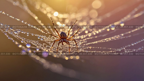 A beautiful spider and a web decorated with dew drops that shimmer in the sun, creating a glow effect. The background of the image is blurred, in a warm golden pink color scheme. Стоковое AI-изображение, AI-художник Photojuli / Фотобанк Лори