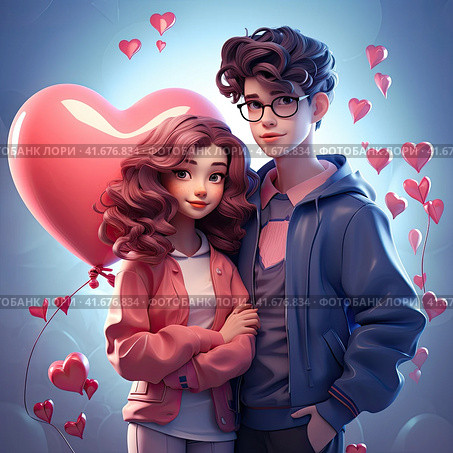 A beautiful young cartoon-looking couple with a huge pink ball in the shape of a heart. The concept of Valentine's Day. Generated by AI. Стоковое AI-изображение, AI-художник Ярославский Максим / Фотобанк Лори