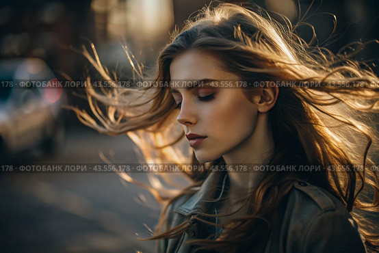 A beautiful, young woman with a thoughtful look. The hair develops in the wind and gives a feeling of lightness and naturalness. Стоковое AI-изображение, AI-художник Photojuli / Фотобанк Лори