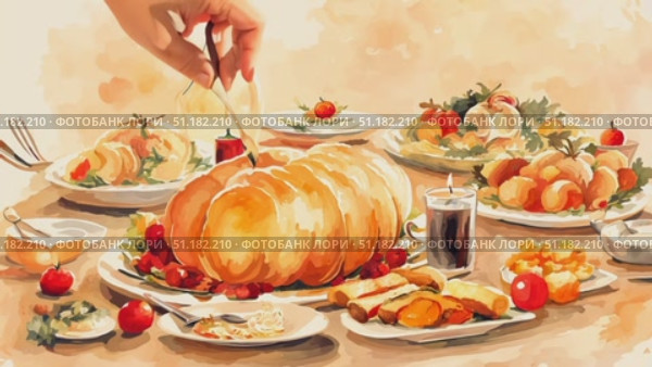 A beautifully arranged table showcases a variety of gourmet dishes, highlighting festive culinary delights perfect for a gathering. Стоковое AI-видео, аниматор Данила Большаков / Фотобанк Лори
