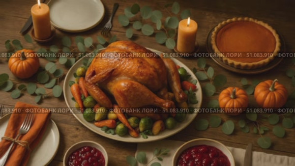 A beautifully arranged Thanksgiving dinner featuring a roasted turkey, cranberry sauce, pumpkin pie, and decorative pumpkins on a wooden table. Стоковое AI-видео, аниматор Nart / Фотобанк Лори