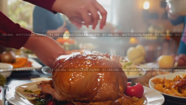 A beautifully roasted turkey sits on the dining table surrounded by delicious side dishes and vibrant decorations during a family feast. Стоковое AI-видео, аниматор Данила Большаков / Фотобанк Лори