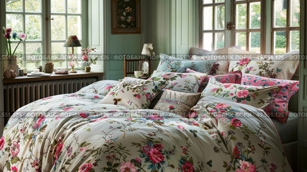 A bed with a floral comforter is positioned next to a window, creating a cozy and inviting atmosphere in the room. Стоковое AI-изображение, AI-художник Данила Большаков / Фотобанк Лори