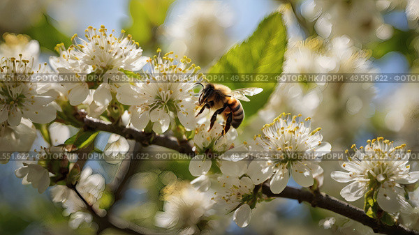 A bee collecting nectar on a blooming apple tree in close-up. Macro photography. Natural food. The disappearance of bees. Стоковое AI-изображение, AI-художник Photojuli / Фотобанк Лори