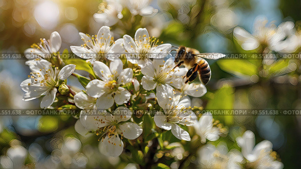 A bee collecting nectar on a blooming apple tree in close-up. Macro photography. Natural food. The disappearance of bees. Стоковое AI-изображение, AI-художник Photojuli / Фотобанк Лори