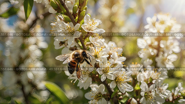 A bee collecting nectar on a blooming apple tree in close-up. Macro photography. Natural food. The disappearance of bees. Стоковое AI-изображение, AI-художник Photojuli / Фотобанк Лори