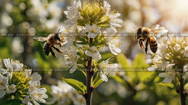 A bee collecting nectar on a blooming apple tree in close-up. Macro photography. Natural food. The disappearance of bees. Стоковое AI-изображение, AI-художник Photojuli / Фотобанк Лори