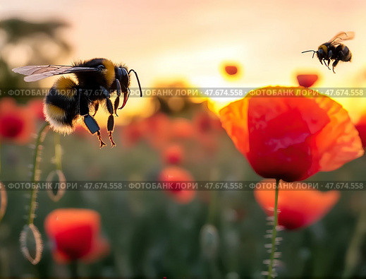 A bee flies over a poppy field. Стоковое AI-изображение, AI-художник Ekaterina Barashkova / Фотобанк Лори