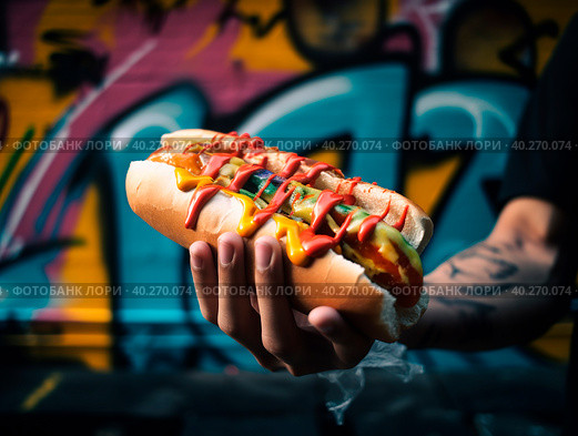 A big juicy hot dog in the style of graffiti. Стоковое AI-изображение, AI-художник Ярославский Максим / Фотобанк Лори