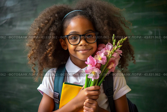 A black African girl is a first-grader with glasses. In the hands of a bouquet of flowers. The child goes to school for the first time. A child with a backpack, a book and flowers. Back to school. Стоковое AI-изображение, AI-художник Photojuli / Фотобанк Лори
