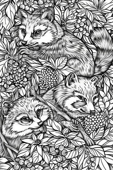 A black and white drawing featuring three foxes surrounded by a variety of leaves and berries in a forest setting. Стоковое AI-изображение, AI-художник Данила Большаков / Фотобанк Лори