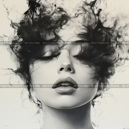 A black and white female figure depicted in a digital art or graphic style. The woman's face is slightly raised, with her eyes closed, creating a sense of calm or dreaminess. Her hair, in the form of abstract wisps of smoke or fog, surrounds her face, giving the scene a mystical and ephemeral look. Her lips are half-open, enhancing the atmosphere of mystery and sensuality. The contrast between the black hair and the light background emphasizes the details and emotional depth of the image. The overall composition creates a sense of lightness, movement, and inner peace. Стоковое AI-изображение, AI-художник Анна Кривицкая / Фотобанк Лори