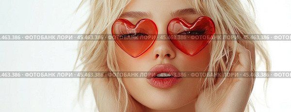 A blonde with expressive features, radiating youth and beauty. Bold makeup, particularly the vibrant cherry-red lips, adds a touch of directness and charm. Стоковое AI-изображение, AI-художник Ярославский Максим / Фотобанк Лори