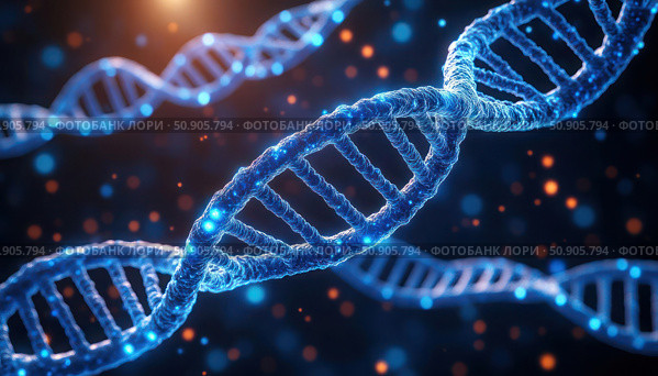 A blue and orange DNA strand is shown in a black background. Стоковое AI-изображение, AI-художник Ярославский Максим / Фотобанк Лори