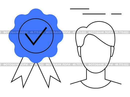 A blue approval badge with a check mark next to the outline of a persons head and shoulders. Ideal for certification, profile verification, identification, approval process, user authenticity. Simple. Certified Profile Silhouette with Approval Badge in Minimalist Style. Стоковая иллюстрация, агентство Ingram Publishing / Фотобанк Лори