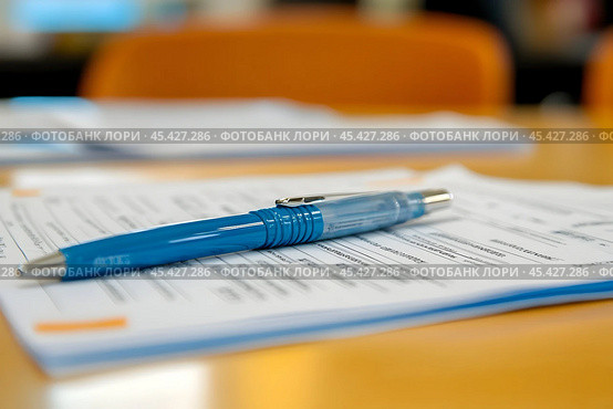 A blue ballpoint pen lies atop important papers on a wooden desk, capturing a productive moment. Стоковое AI-изображение, AI-художник Елена Старчак / Фотобанк Лори