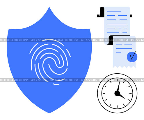 A blue shield with a fingerprint, documents with checkmarks, and a clock. Ideal for cyber security, authentication, time management, data protection, and regulatory compliance themes. Minimalist. Digital Security Fingerprint with Documents and Clock in Minimalist Design. Стоковая иллюстрация, агентство Ingram Publishing / Фотобанк Лори