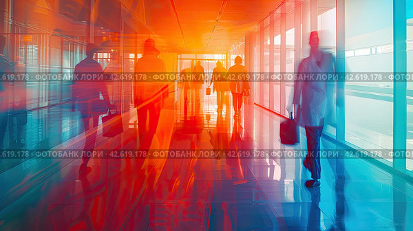 A blurry photo shows Doctors and nurses running the hospital while engineers collaborate on designing and installing advanced medical equipment. Стоковое AI-изображение, AI-художник Ярославский Максим / Фотобанк Лори