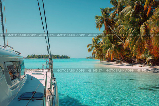 A boat is floating in the ocean near a beach. Стоковое AI-изображение, AI-художник Ярославский Максим / Фотобанк Лори