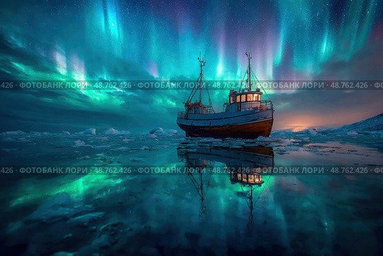 A boat is floating in the water with a beautiful blue sky in the background. Стоковое AI-изображение, AI-художник Ярославский Максим / Фотобанк Лори