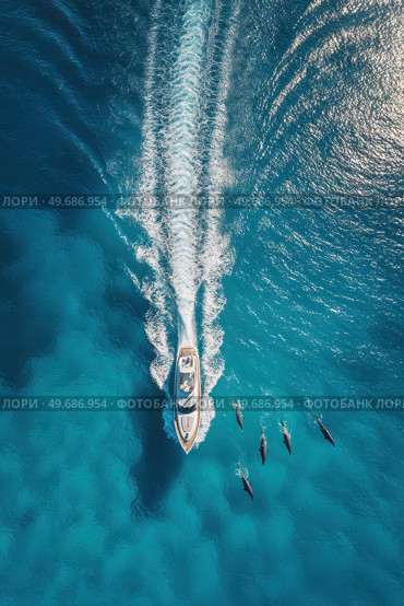 A boat is traveling through the ocean with dolphins swimming alongside it. Стоковое AI-изображение, AI-художник Ярославский Максим / Фотобанк Лори