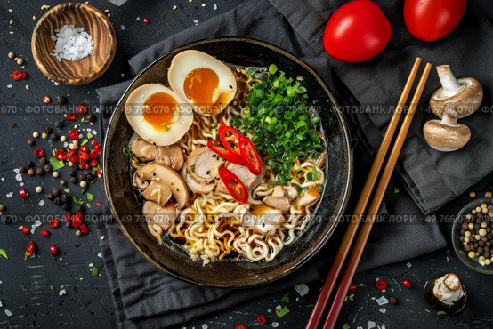 A bowl filled with steaming noodles topped with slices of meat, boiled eggs, and assorted vegetables.. Bowl of Noodles With Meat, Eggs, and Vegetables. Стоковое фото, агентство Ingram Publishing / Фотобанк Лори